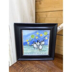 Framed Folk Art Geese Painting Whimsical Bird Wall Art Square Decor